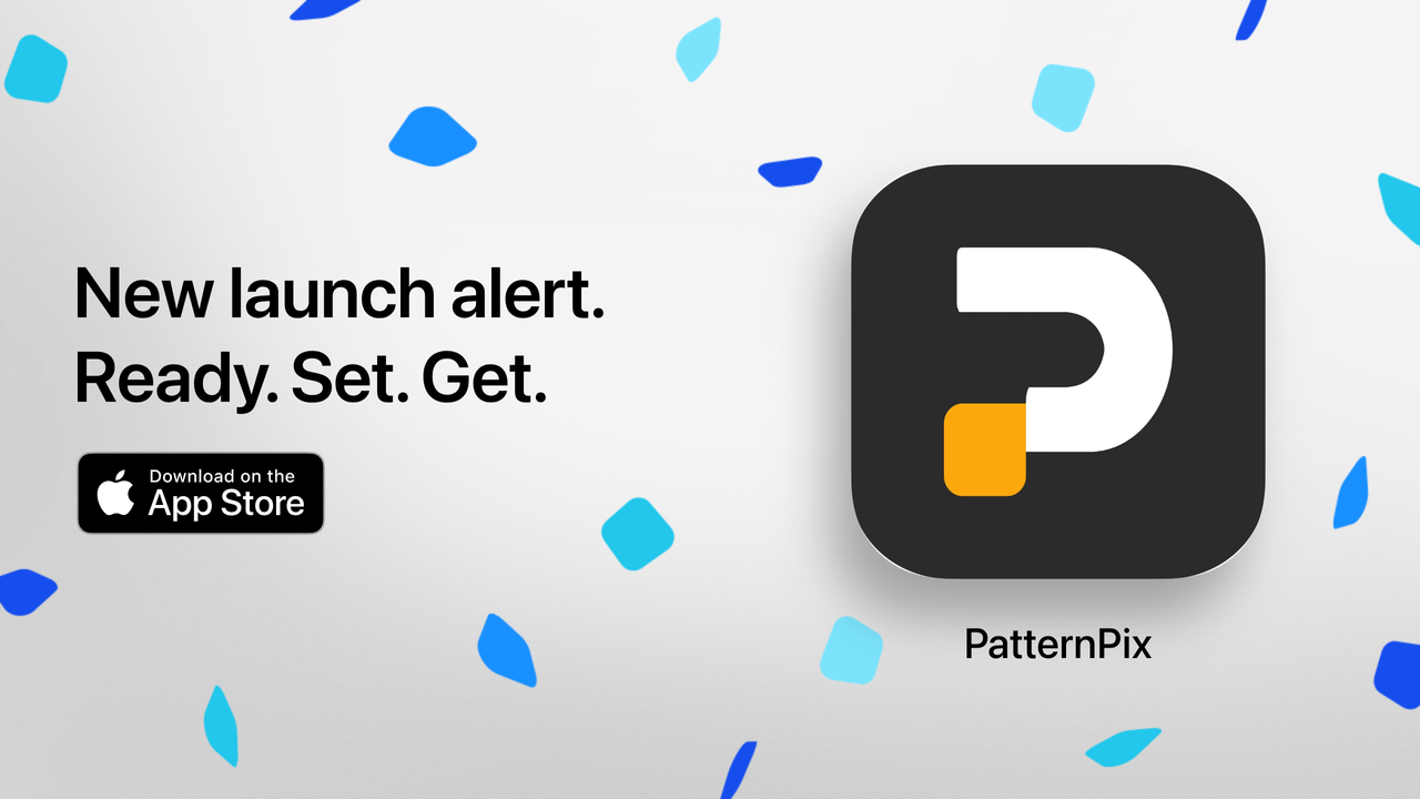 PatternPix launch banner with a Download on the App Store button.